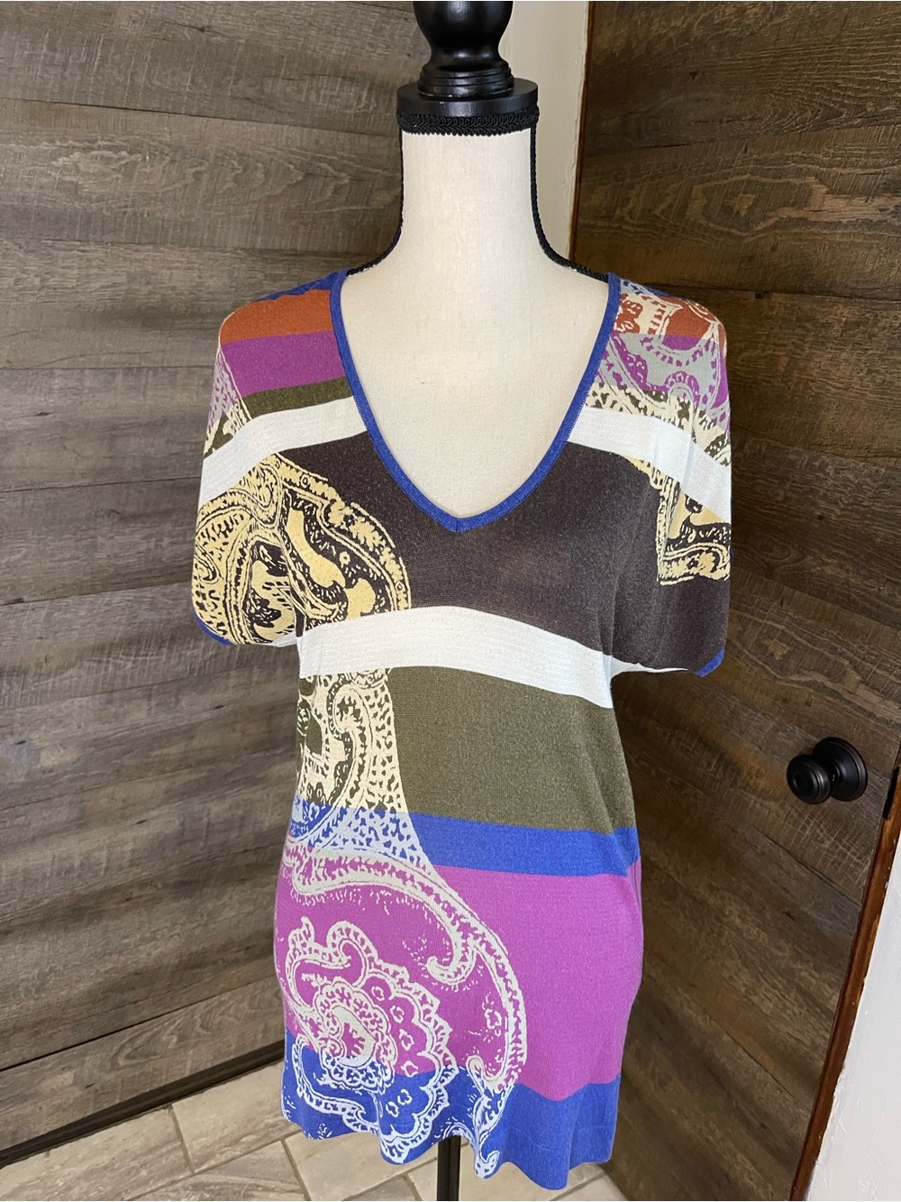 Vintage Etro Milano V-Neck Multicolor Paisley Knit Tunic Kimono-arms